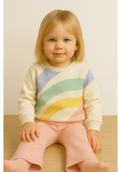 Kız Çocuk 3 Iplik Şardonlu Pastel Desenli Sweatshirt ve Pembe Paça Eşofman Altı Takım 10769 Somon modelleri