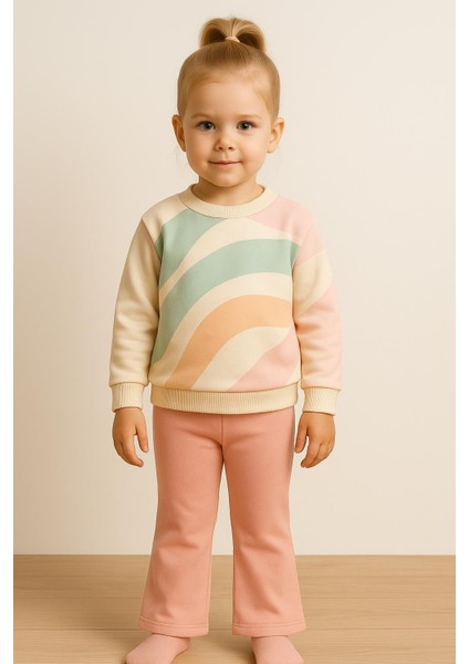 Kız Çocuk 3 Iplik Şardonlu Pastel Desenli Sweatshirt ve Pembe Paça Eşofman Altı Takım 10769 Somon fırsatları