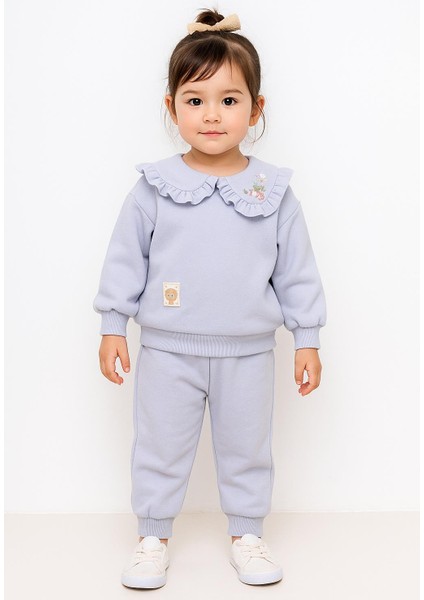 Kız Çocuk Fırfır Yaka 3 Iplik Şardonlu Eşofman Takımı – Lila 10713