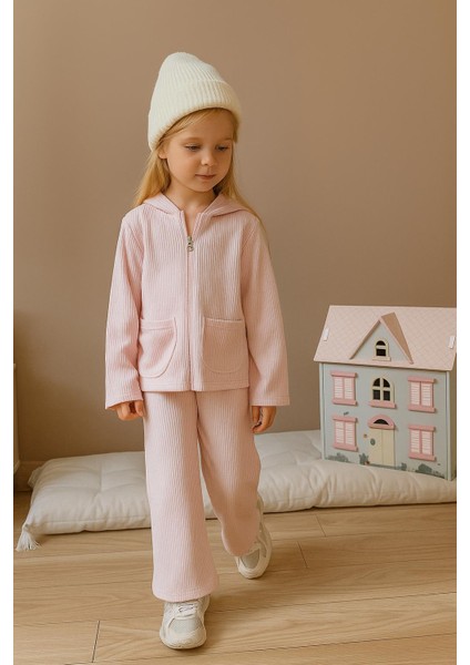 Kız Çocuk Rib Kumaş Fermuarlı Rahat Takım – Pembe 1411P
