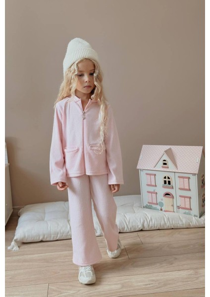 Kız Çocuk Rib Kumaş Fermuarlı Rahat Takım – Pembe 1411P modelleri