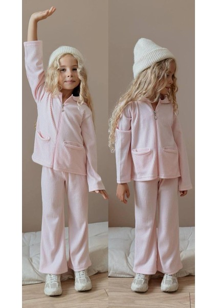 Kız Çocuk Rib Kumaş Fermuarlı Rahat Takım – Pembe 1411P fırsatları