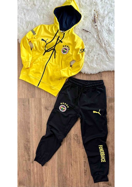 Fenerbahçe - Kapşonlu 5 Yıldızlı 3 Iplik Çocuk Eşofman Takımı / Sarı