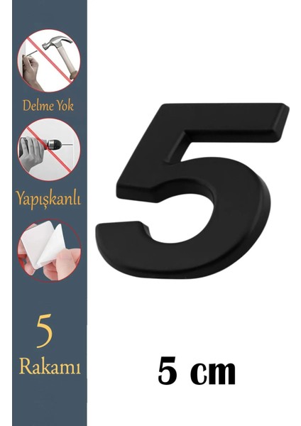 Kapı Numarası Yapışkanlı Küçük Boy 50 mm 5 cm Numara 5 Rakam Beş Sayısı Siyah Renk Numaralar 1 Adet