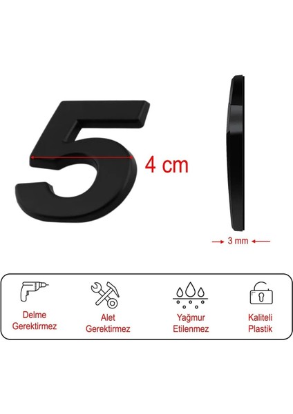 Kapı Numarası Yapışkanlı Küçük Boy 50 mm 5 cm Numara 5 Rakam Beş Sayısı Siyah Renk Numaralar 1 Adet fiyatları