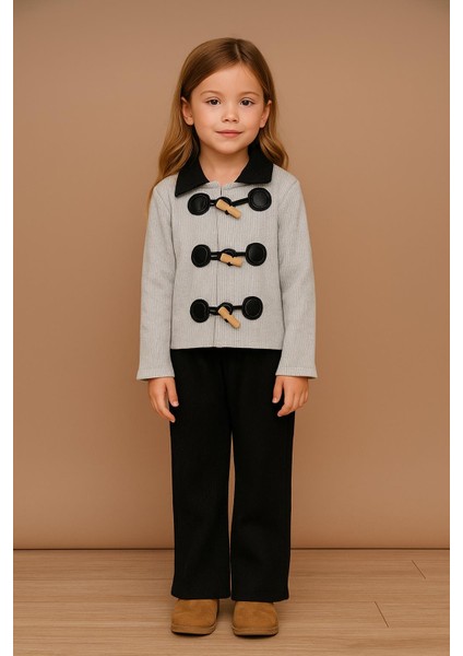 Kız Çocuk Ahşap Tokalı Triko Ceket – Günlük Stil 1411