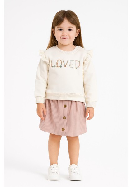 Loved Nakışlı Ekru Şardonlu Üst & Kadife Düğmeli Etek Kız Çocuk Takımı 10758