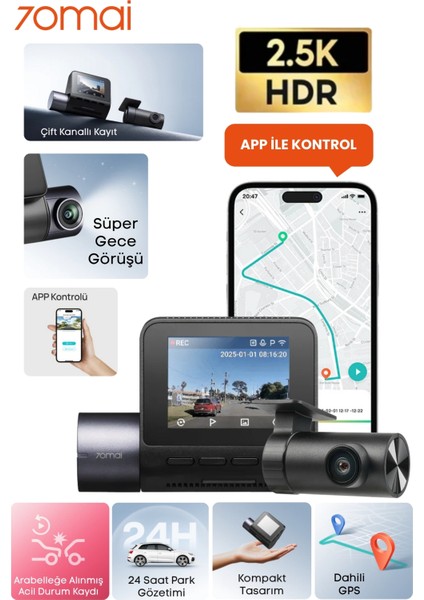 70MAİ Araç Kamerası A410 Ön Kamera+ RC21 Arka Kamera Set 2.5k + 1080P Çift Kamera