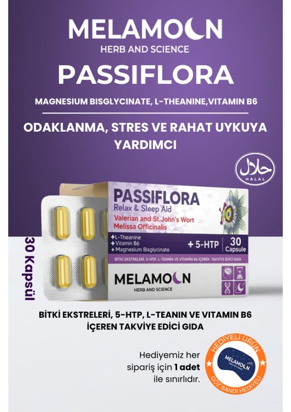 Passiflora, 5-Htp, L-Teanin, Magnezyum ve Vitamin B6 Içeren Takviye Edici Gıda 30 Kapsül