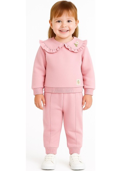 Kız Çocuk Fırfır Yaka 3 Iplik Şardonlu Eşofman Takımı – Pembe 10713