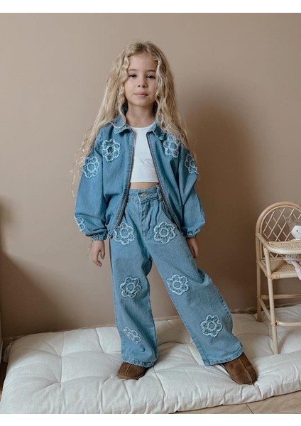 Kız Çocuk Çiçek Nakışlı Denim Ceket & Pantolon Takımı – 2’li Kombin 6003 fırsatları