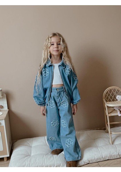 Kız Çocuk Çiçek Nakışlı Denim Ceket & Pantolon Takımı – 2’li Kombin 6003 indirimleri