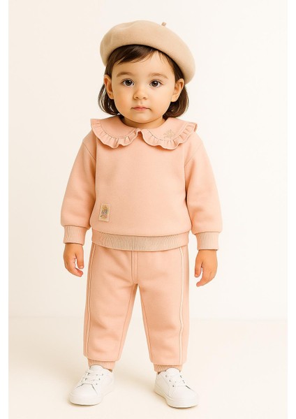 Kız Çocuk Fırfır Yaka 3 Iplik Şardonlu Eşofman Takımı – Somon 10713