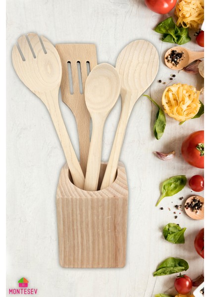 Doğal Diş Budak Ağacı Standlı Ahşap Tahta Kaşık Seti Yemek Servis Kaşık Seti Ahşap Kaşıklık 5 Parça