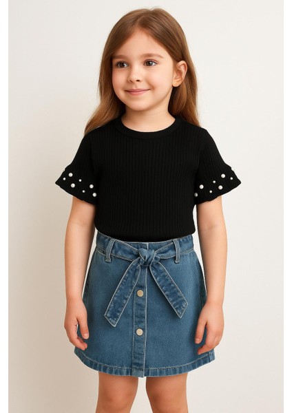 Kız Çocuk Inci Detaylı Triko Bluz ve Kot Etek Takım 2539 fırsatları