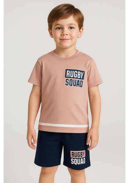 Rugby Squad Baskılı Erkek Çocuk Şortlu Takım -Vizon Üst Lacivert Alt 25213