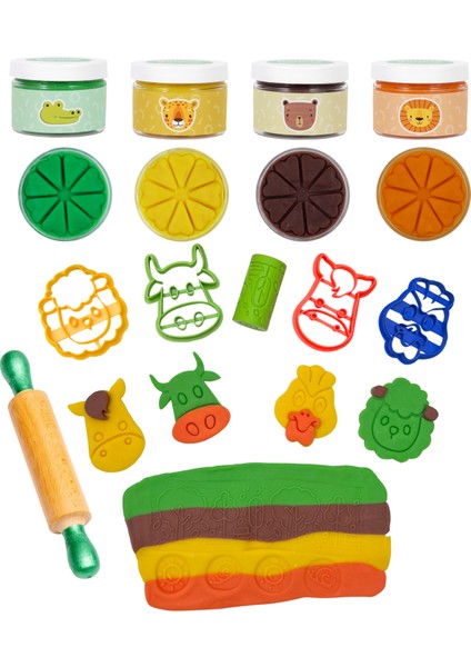Doğal Oyun Hamuru Çiftlik Temalı Oyun Hamuru Seti -4*150GR, Kalıp, Damga Roller, Ahşap Merdane