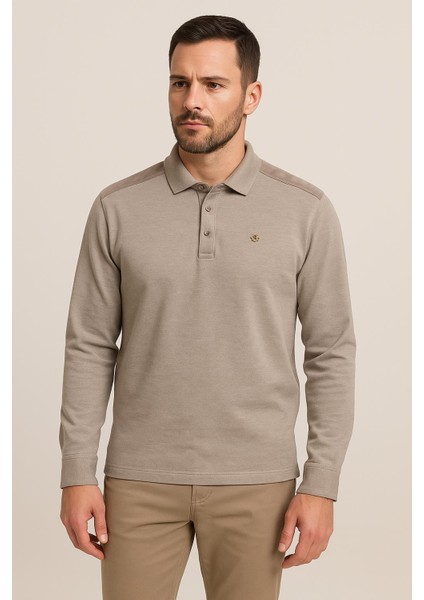 Erkek Polo Yaka Omuz Şerit Detaylı Koyu Vizon Kazak 1094 V