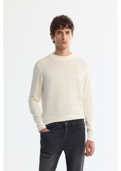 Erkek Ekru Bisiklet Yaka Viskon Viskon Karışımlı Basic Triko Regular Fit Kazak B005021