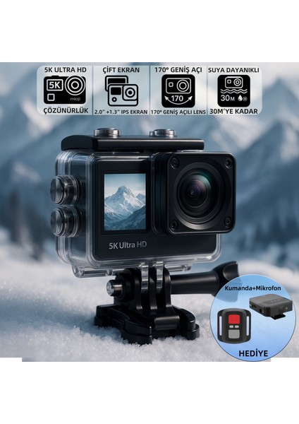 Action 12 Pro 5K 30FPS 24MP Çift Ekran 170° Aksiyon Kamerası - Kumanda ve Mikrofon Hediyeli