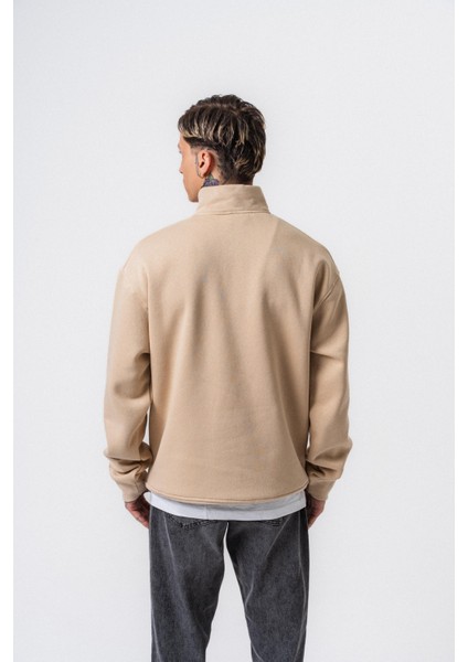 Erkek Respire Yazı Detaylı Yarım Fermuarlı Basic Sweatshirt Bej modelleri
