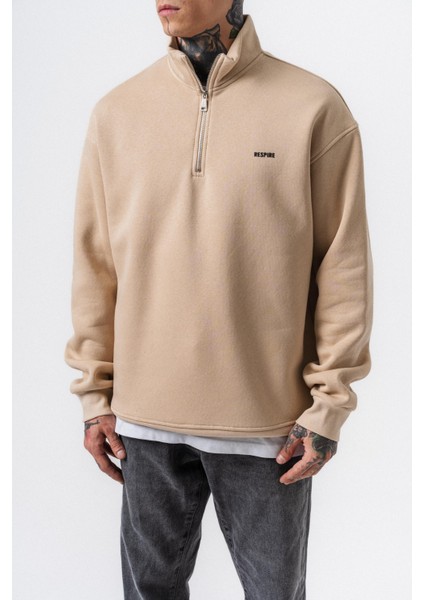 Erkek Respire Yazı Detaylı Yarım Fermuarlı Basic Sweatshirt Bej indirimleri