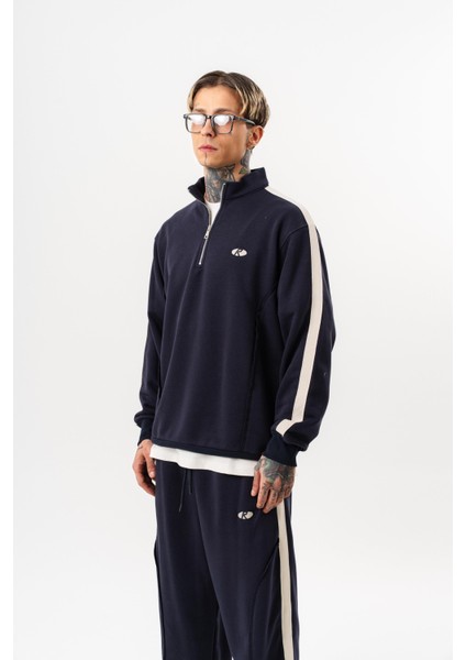 Erkek Pis Dikiş Detaylı Yarım Fermuarlı Diagonel Sweatshirt Lacivert