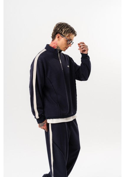 Erkek Pis Dikiş Detaylı Yarım Fermuarlı Diagonel Sweatshirt Lacivert fiyatları