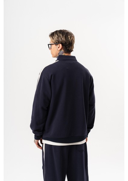 Erkek Pis Dikiş Detaylı Yarım Fermuarlı Diagonel Sweatshirt Lacivert modelleri