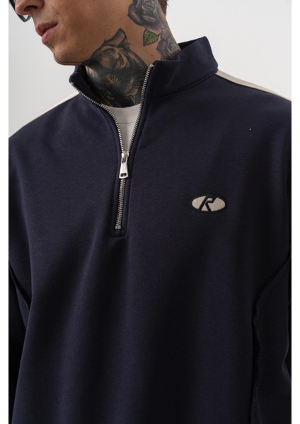 Erkek Pis Dikiş Detaylı Yarım Fermuarlı Diagonel Sweatshirt Lacivert indirimleri