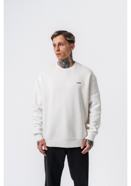 Erkek Respire Yazı Detaylı Basic Oversize Sweatshirt Ekru