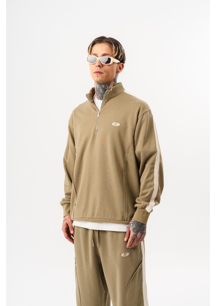Erkek Pis Dikiş Detaylı Yarım Fermuarlı Diagonel Sweatshirt Haki