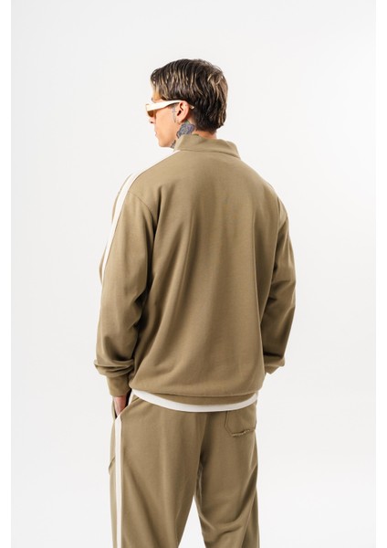 Erkek Pis Dikiş Detaylı Yarım Fermuarlı Diagonel Sweatshirt Haki modelleri