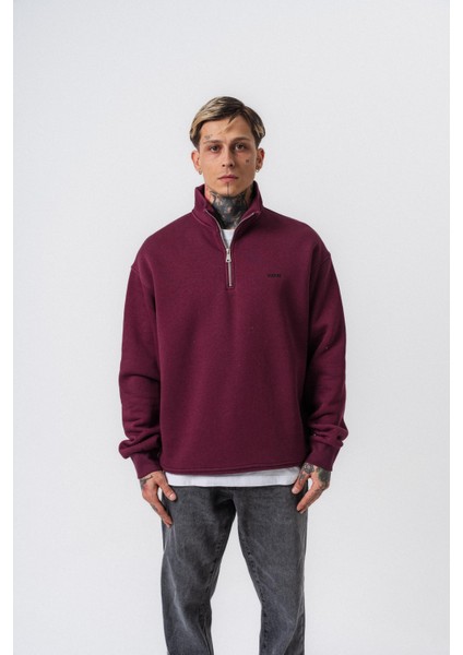 Erkek Respire Yazı Detaylı Yarım Fermuarlı Basic Sweatshirt Vişne