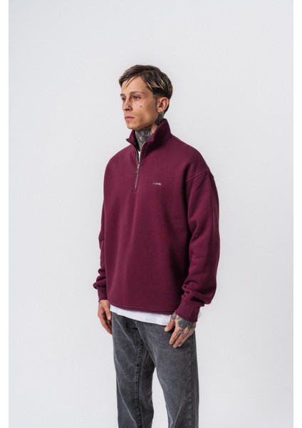 Erkek Respire Yazı Detaylı Yarım Fermuarlı Basic Sweatshirt Vişne fiyatları