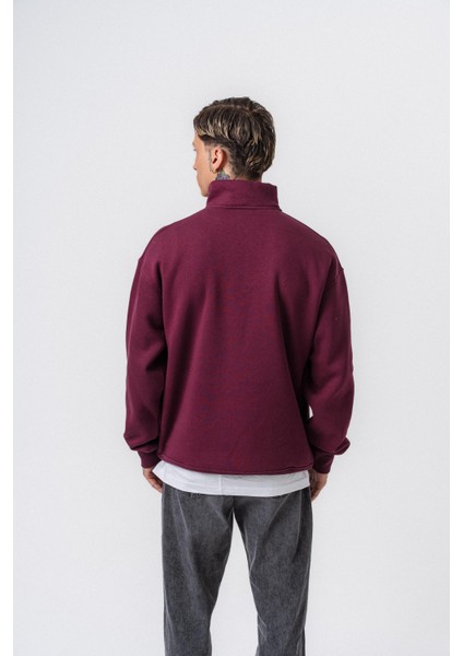 Erkek Respire Yazı Detaylı Yarım Fermuarlı Basic Sweatshirt Vişne modelleri