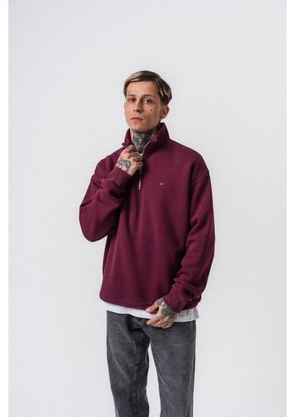 Erkek Respire Yazı Detaylı Yarım Fermuarlı Basic Sweatshirt Vişne fırsatları