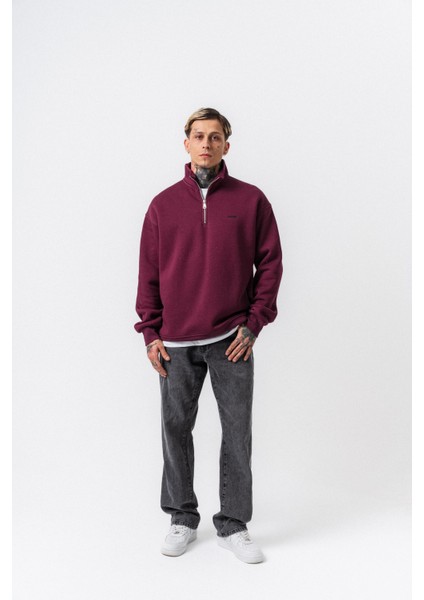Erkek Respire Yazı Detaylı Yarım Fermuarlı Basic Sweatshirt Vişne