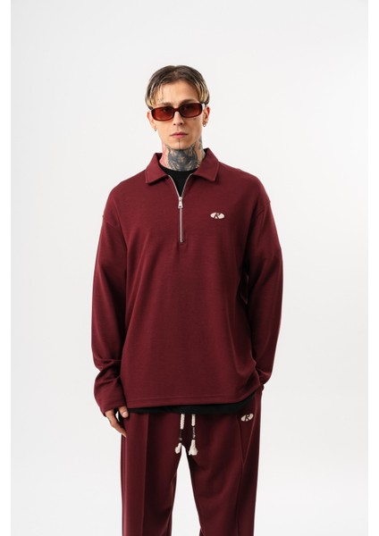 Erkek Yarım Fermuarlı Modal Sweatshirt Vişne