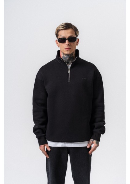 Erkek Respire Yazı Detaylı Yarım Fermuarlı Basic Sweatshirt Siyah