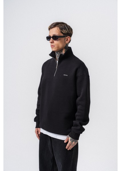 Erkek Respire Yazı Detaylı Yarım Fermuarlı Basic Sweatshirt Siyah fiyatları