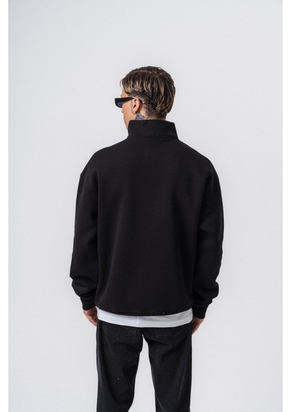 Erkek Respire Yazı Detaylı Yarım Fermuarlı Basic Sweatshirt Siyah modelleri