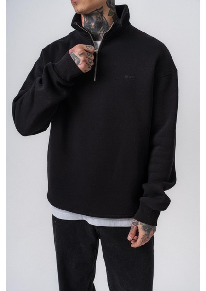 Erkek Respire Yazı Detaylı Yarım Fermuarlı Basic Sweatshirt Siyah fırsatları