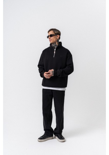 Erkek Respire Yazı Detaylı Yarım Fermuarlı Basic Sweatshirt Siyah indirimleri