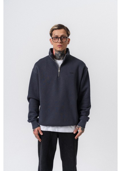 Erkek Respire Yazı Detaylı Yarım Fermuarlı Basic Sweatshirt Füme