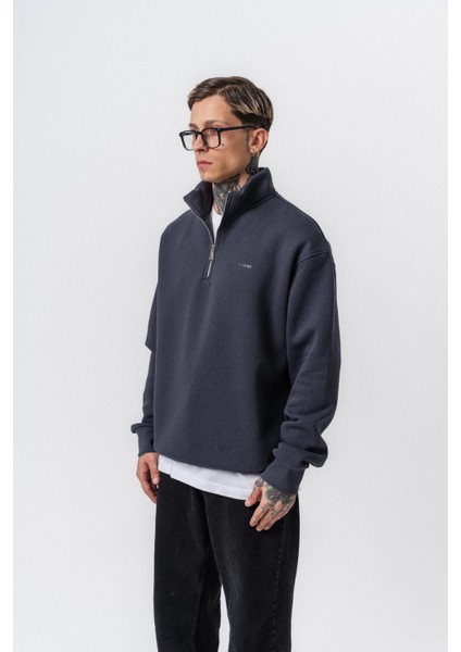 Erkek Respire Yazı Detaylı Yarım Fermuarlı Basic Sweatshirt Füme fiyatları