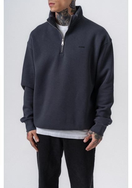 Erkek Respire Yazı Detaylı Yarım Fermuarlı Basic Sweatshirt Füme fırsatları
