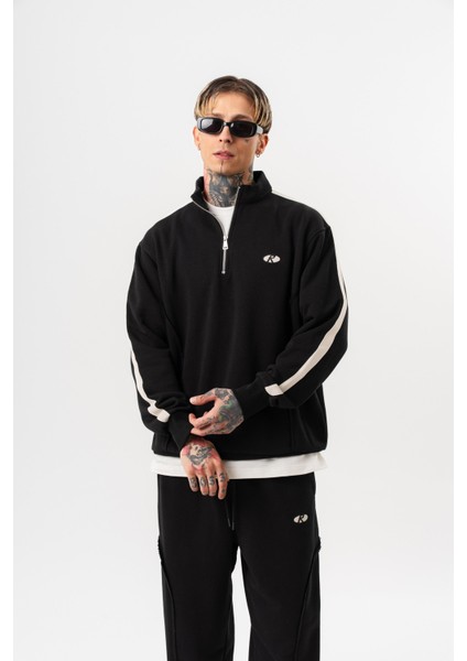 Erkek Pis Dikiş Detaylı Yarım Fermuarlı Diagonel Sweatshirt Siyah
