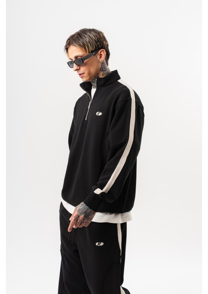 Erkek Pis Dikiş Detaylı Yarım Fermuarlı Diagonel Sweatshirt Siyah fiyatları