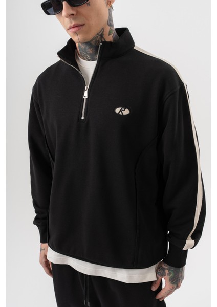 Erkek Pis Dikiş Detaylı Yarım Fermuarlı Diagonel Sweatshirt Siyah fırsatları